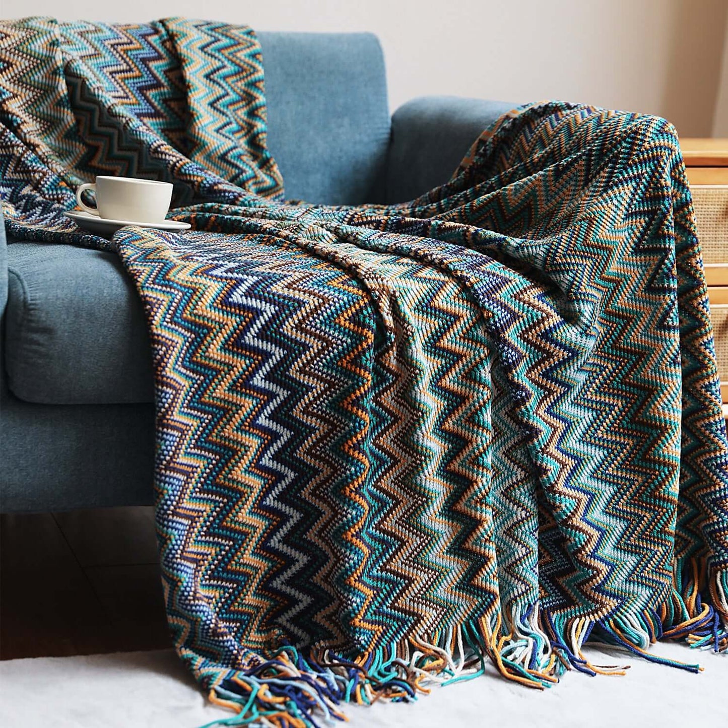 Bohemian Knitted Sofa Blanket – Cozy & Stylish