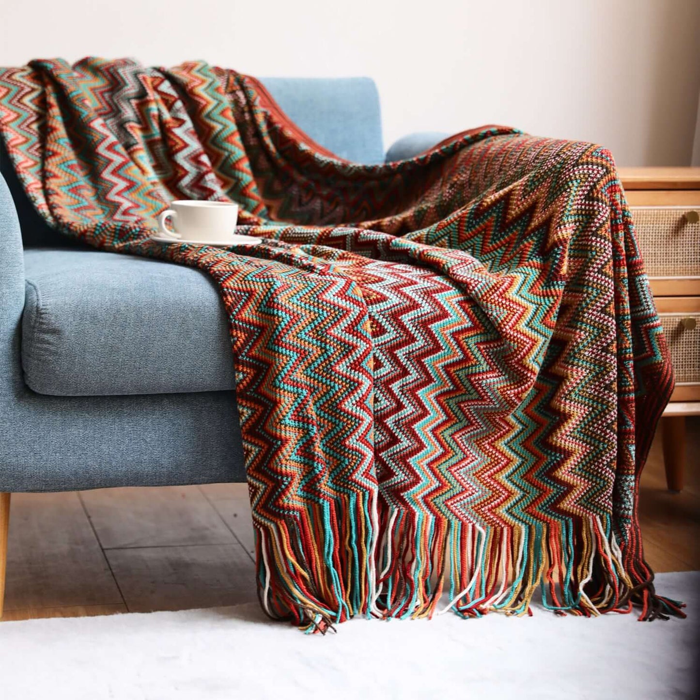 Bohemian Knitted Sofa Blanket – Cozy & Stylish