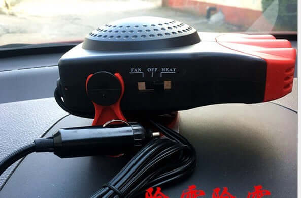 12V electric car heater and defroster with fan and heat settings for warming car interiors.