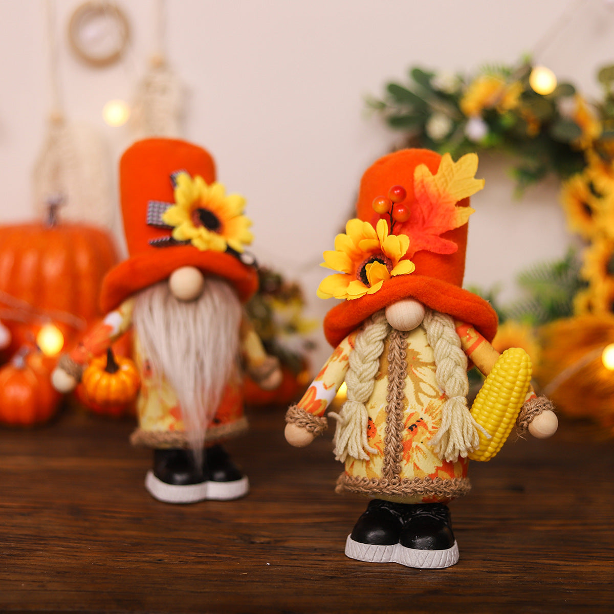 Harvest Season Maple Leaf Couple Decoration Holding Pumpkin Doll
