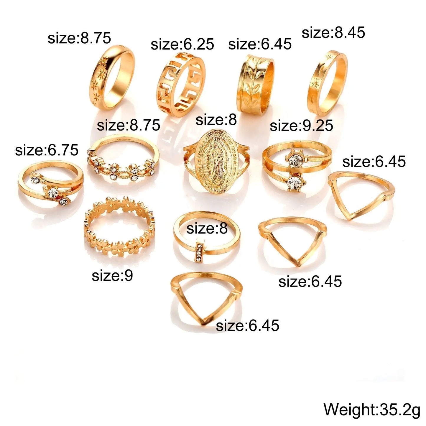Set of 13 golden rings featuring various designs and sizes ranging from 6.25 to 9.25, ideal for elegant styling.
