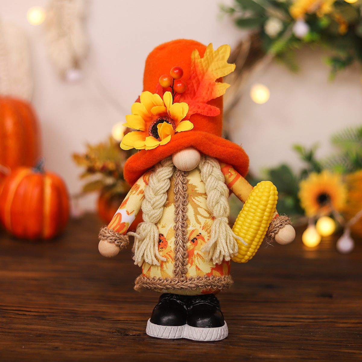 Harvest Season Maple Leaf Couple Decoration Holding Pumpkin Doll