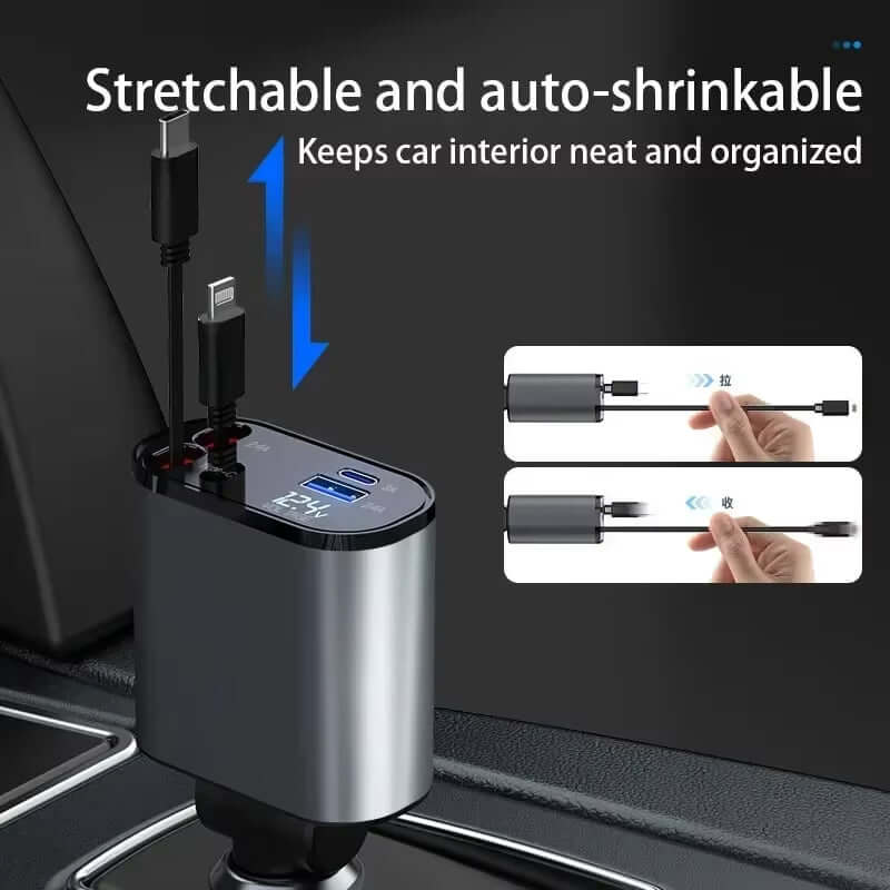 120W 4-in-1 retractable fast car charger with USB-C, showcasing stretchable and auto-shrinkable features for tidy car interior.