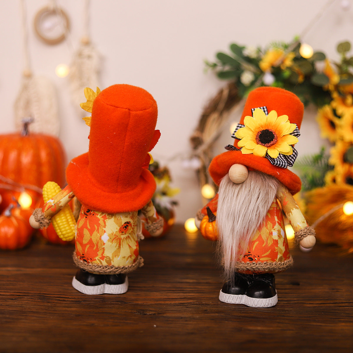 Harvest Season Maple Leaf Couple Decoration Holding Pumpkin Doll