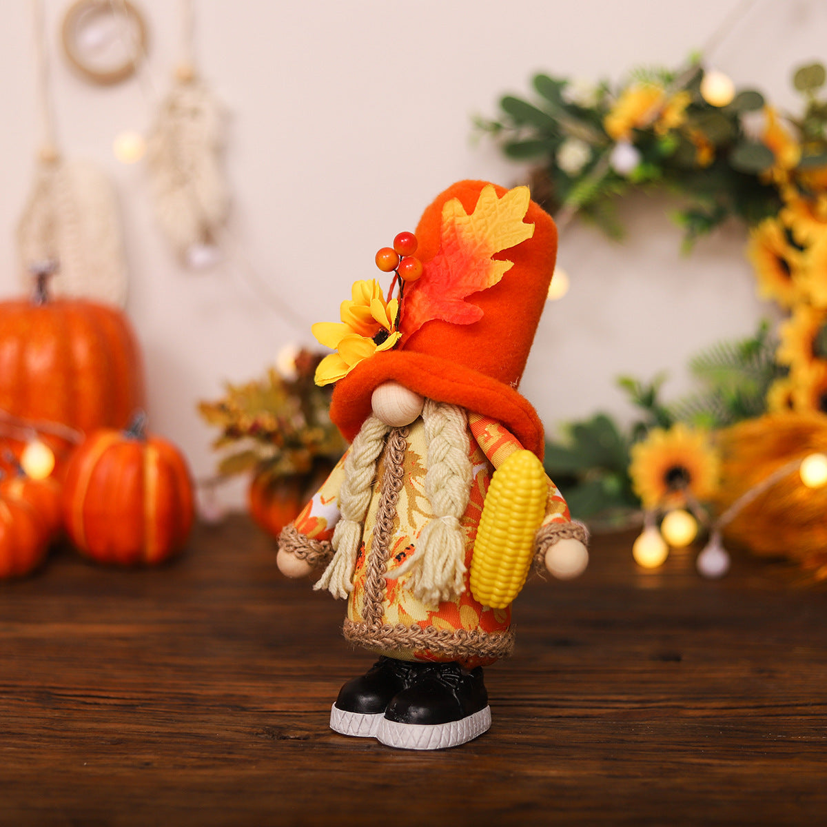 Harvest Season Maple Leaf Couple Decoration Holding Pumpkin Doll
