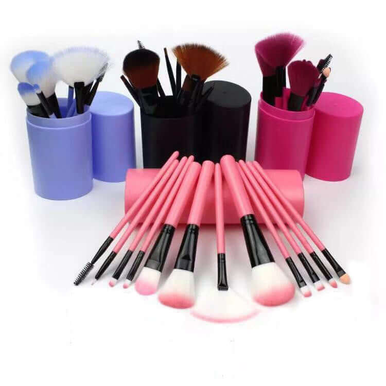 12-piece professional makeup brush set displayed in colorful barrel containers.