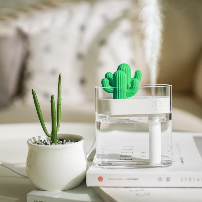 160ML Ultrasonic Air Humidifier with Cactus Design, perfect for home decor and essential oil diffusion.