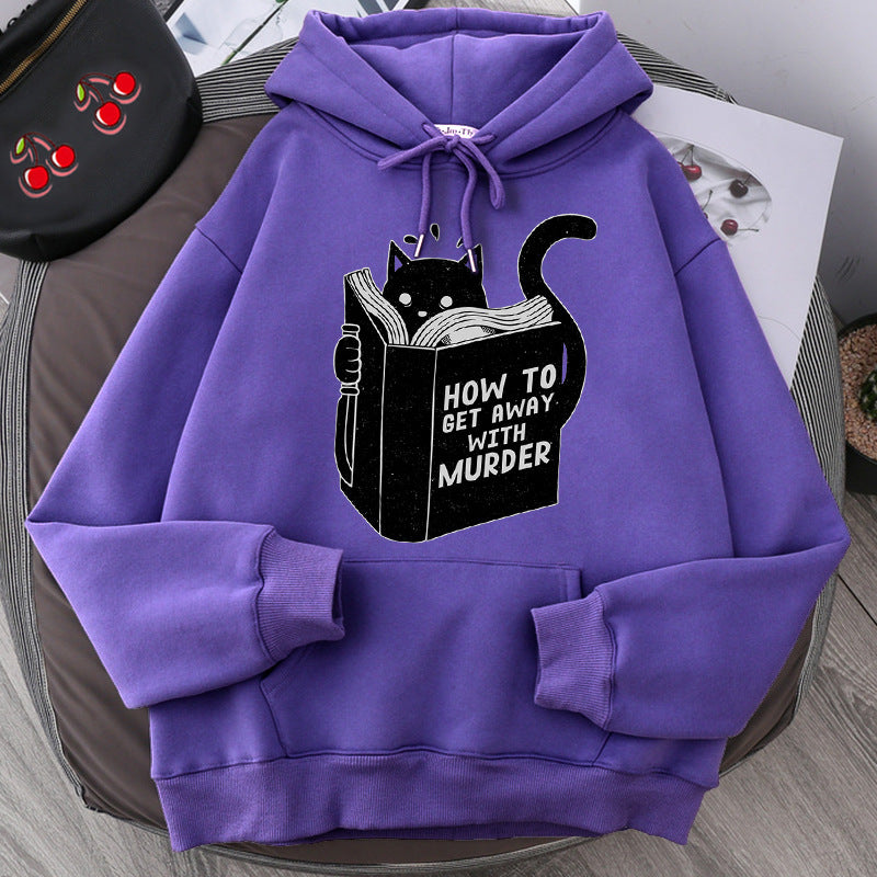 Men's And Women's Hooded Sweater Cartoon Anime Cute Cat Reading Print Sweatshirt