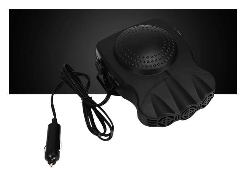 12V electric car heater and defroster with a sleek black design, power cord, and car adapter for warm and cool air.