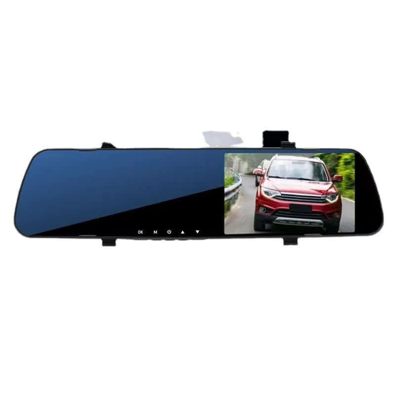 1080P HD rearview mirror driving recorder displaying vehicle on screen, showcasing advanced design and clarity.