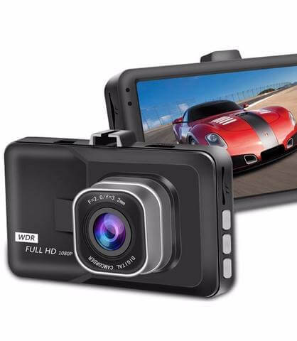 1080P wide-angle night vision dash cam with display showcasing a sports car on a racetrack.