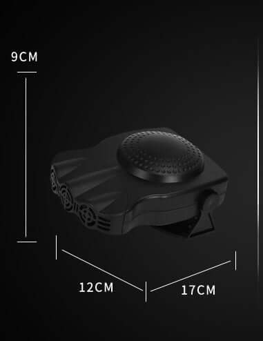 12V electric car heater and defroster dimensions: 9cm height, 12cm width, 17cm length, sleek black design.