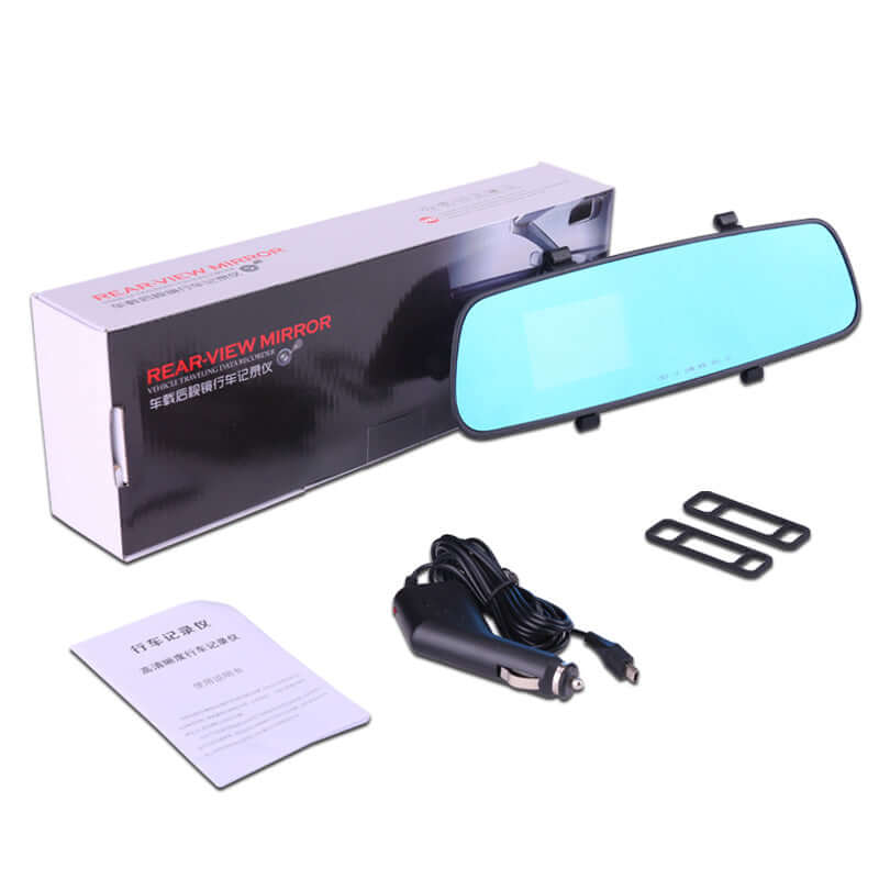 1080P HD rearview mirror driving recorder with packaging, power cord, and installation accessories.