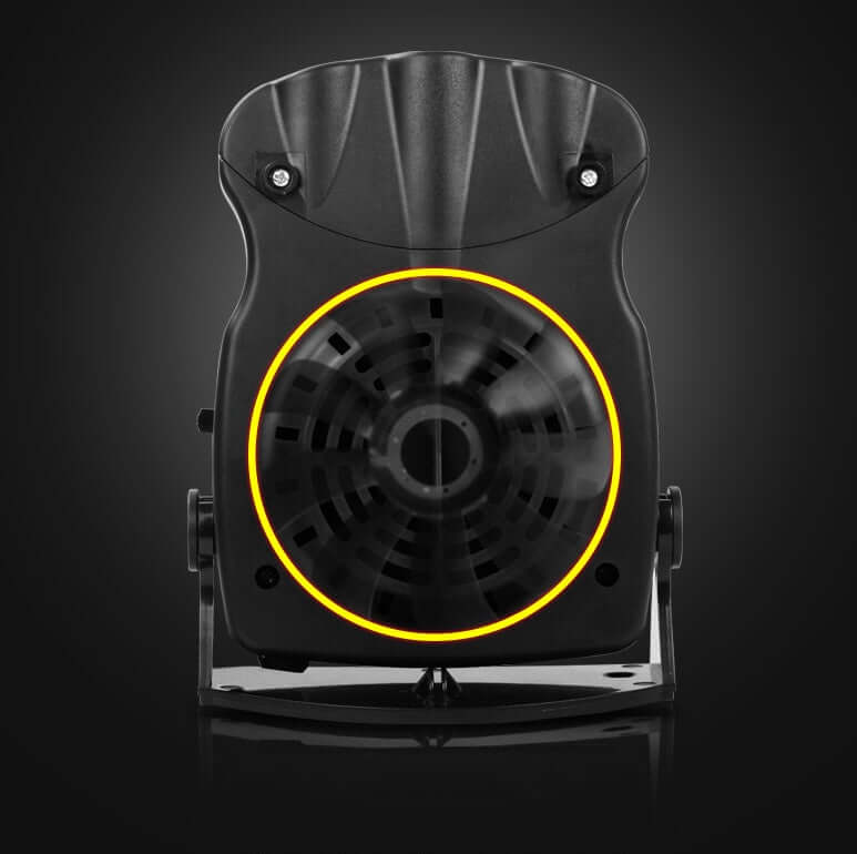 12V electric car heater and defroster unit, showing front view with fan and heating element design.