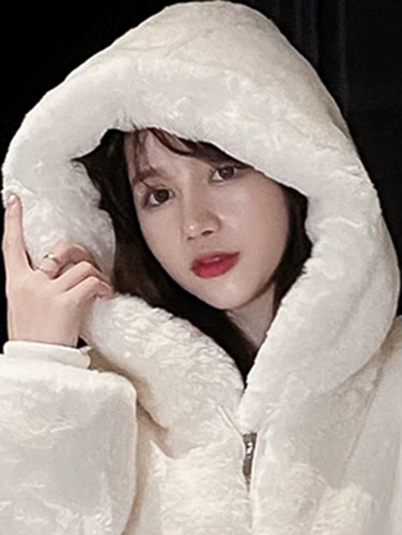 -Oversized Faux Fur Jacket for Women, Fluffy, Warm, Soft, White, Long Sleeve, Black, Zip Up, Korean Hoodie, Winter