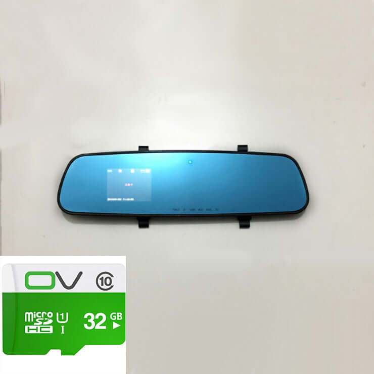 1080P HD rearview mirror driving recorder with blue display and 32GB micro SD card.