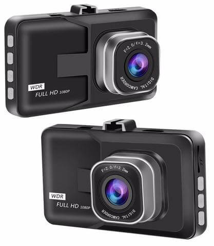 1080P wide-angle dash cam displaying front and side views, showcasing its high-resolution and design features.