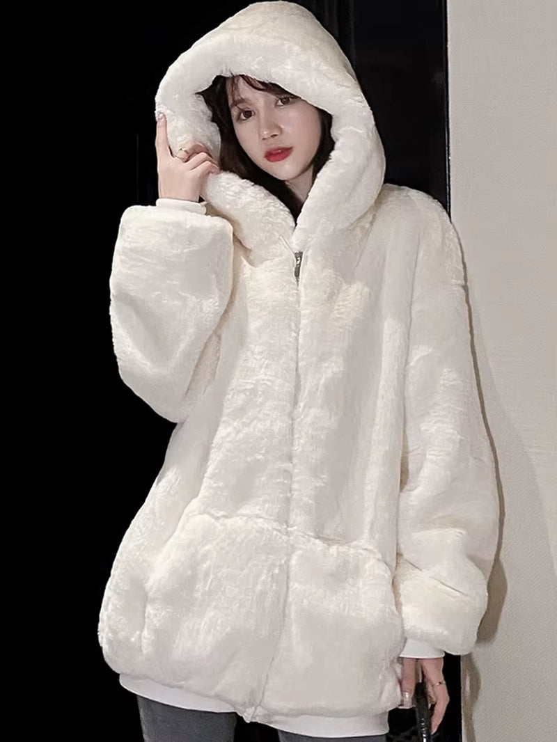 -Oversized Faux Fur Jacket for Women, Fluffy, Warm, Soft, White, Long Sleeve, Black, Zip Up, Korean Hoodie, Winter
