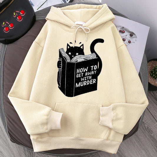 Men's And Women's Hooded Sweater Cartoon Anime Cute Cat Reading Print Sweatshirt