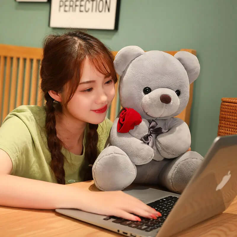 Rose Teddy Bear Plush Pillow - Soft & Adorable Gift