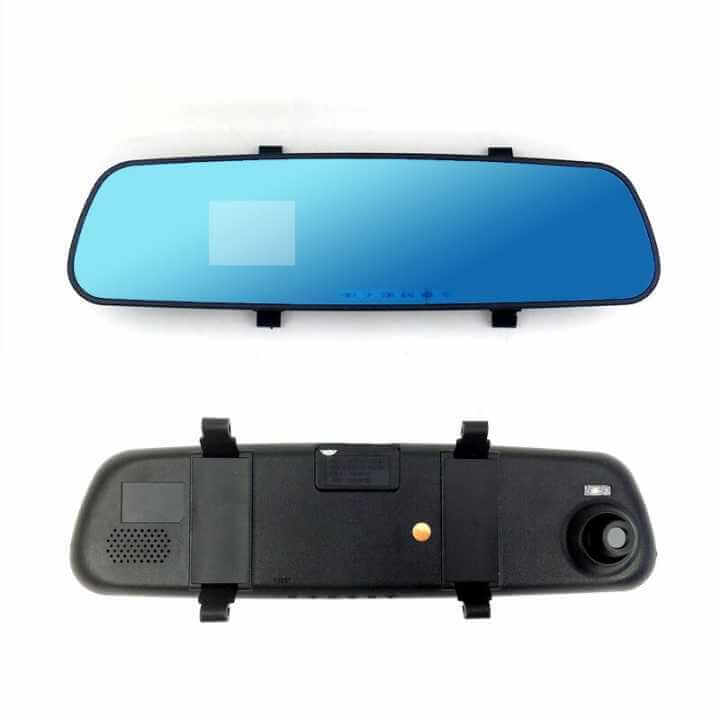 1080P HD rearview mirror driving recorder with blue mirror surface and control buttons on the back.