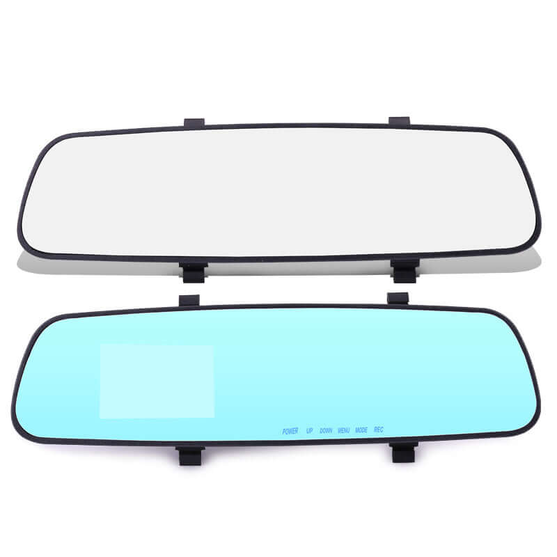 1080P HD rearview mirror driving recorder showing clear reflective surface and blue display for easy visibility and controls.