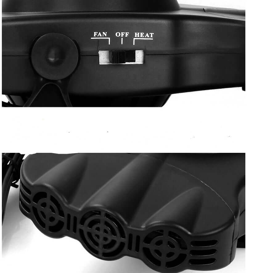 Close-up of the controls on a 12V electric car heater, displaying fan, off, and heat settings.