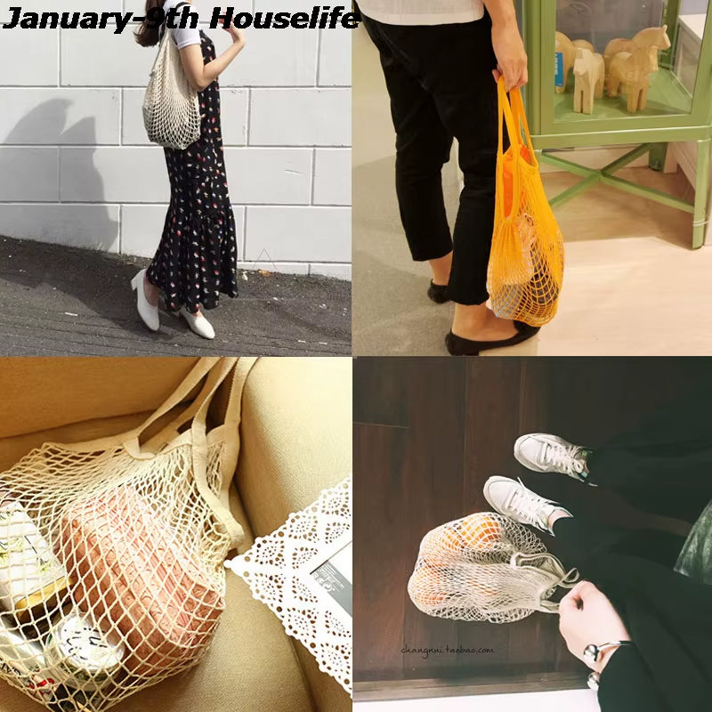 Reusable Grocery Produce Bags Cotton Mesh Ecology Market String Net Tote Bag Kitchen Fruits Vegetables Hanging Bag Home