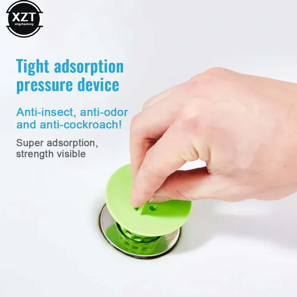 Green bathroom drain hair catcher and stopper showcasing tight adsorption and anti-insect features in use.