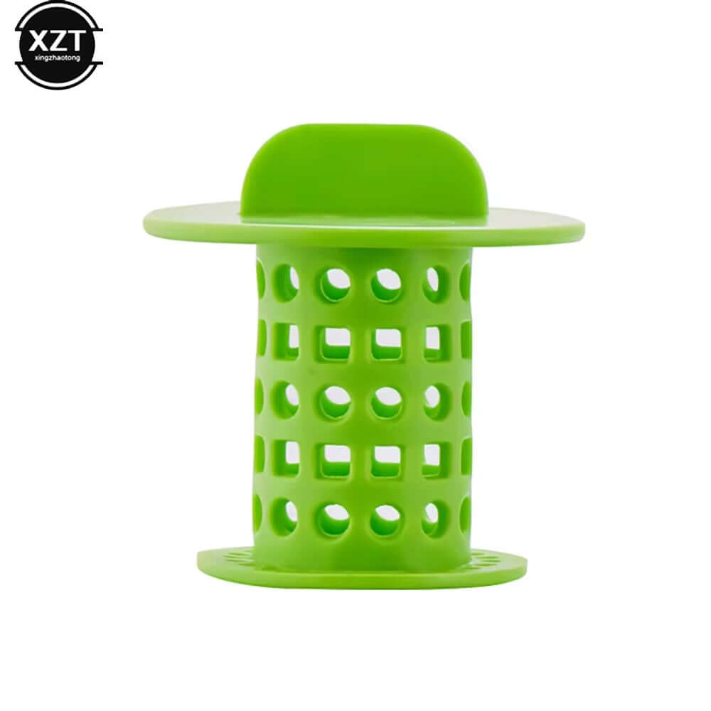 Green versatile bathroom drain hair catcher and stopper, designed to prevent clogs and catch hair.