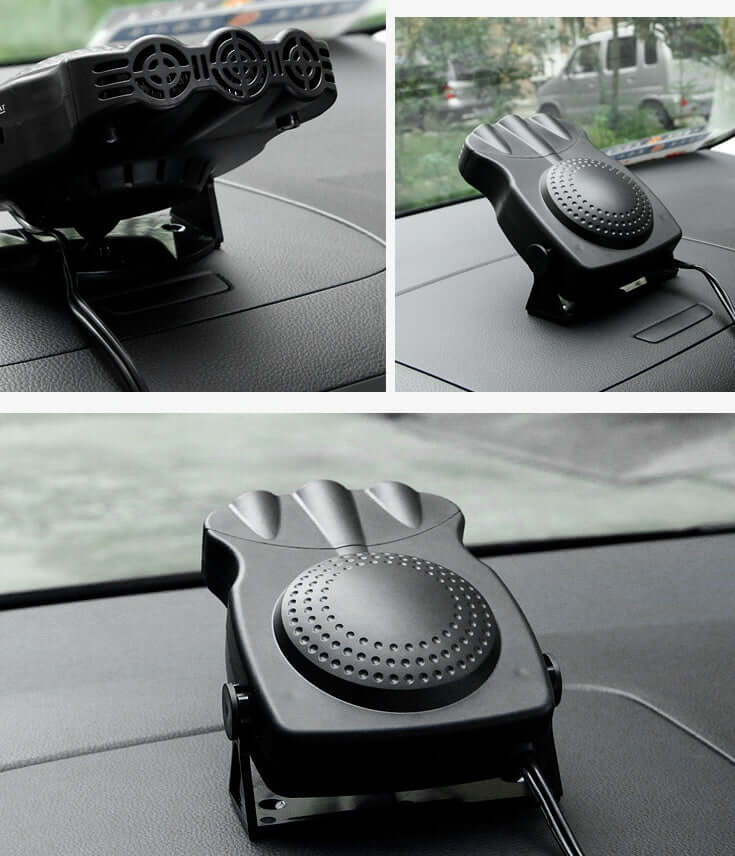 12V electric car heater and defroster on dashboard, providing warm and cool air for comfort.