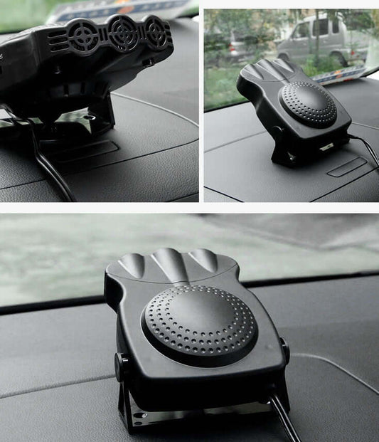 12V electric car heater and defroster on dashboard, providing warm and cool air for comfort.