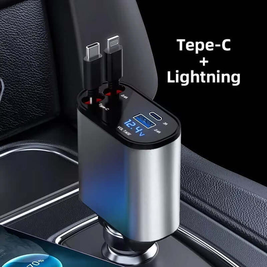 120W 4-in-1 retractable fast car charger with USB-C and Lightning ports, featuring voltage display.
