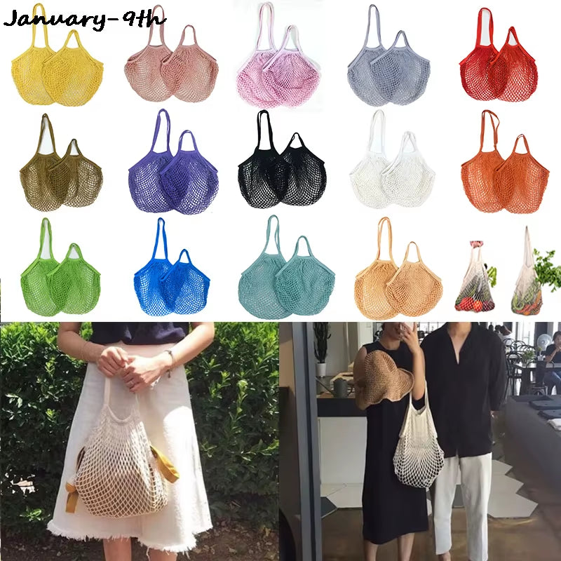 Reusable Grocery Produce Bags Cotton Mesh Ecology Market String Net Tote Bag Kitchen Fruits Vegetables Hanging Bag Home