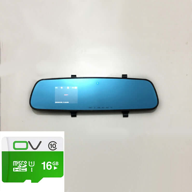 1080P HD rearview mirror driving recorder with blue display and a 16GB microSD card.