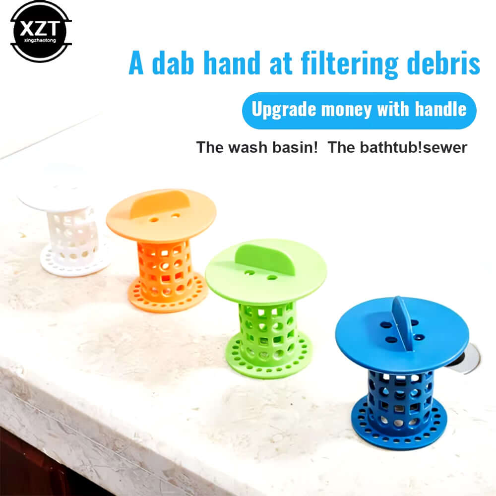 Colorful bathroom drain hair catchers in white, orange, green, and blue, ideal for filtering debris in basins and bathtubs.
