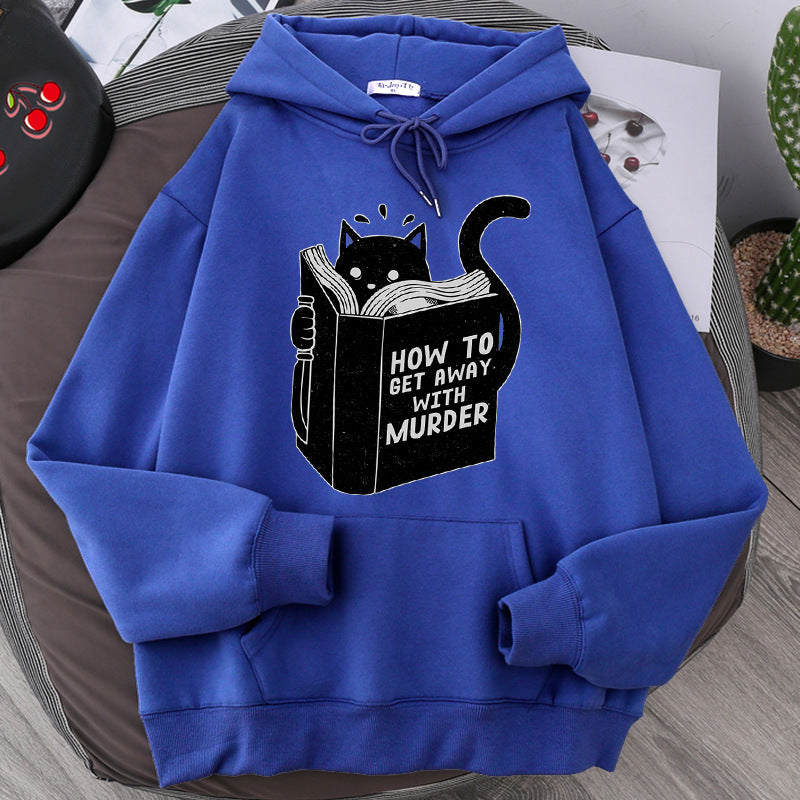 Men's And Women's Hooded Sweater Cartoon Anime Cute Cat Reading Print Sweatshirt