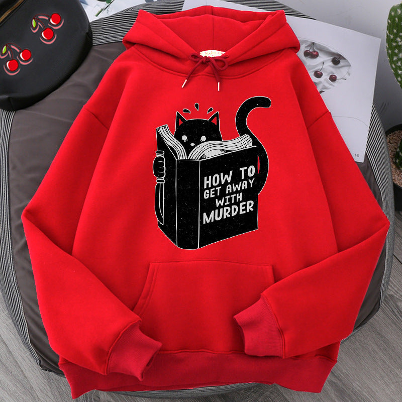Men's And Women's Hooded Sweater Cartoon Anime Cute Cat Reading Print Sweatshirt