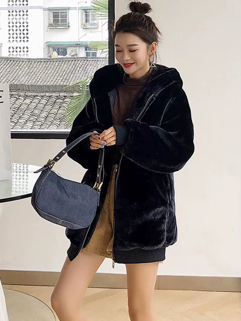 -Oversized Faux Fur Jacket for Women, Fluffy, Warm, Soft, White, Long Sleeve, Black, Zip Up, Korean Hoodie, Winter