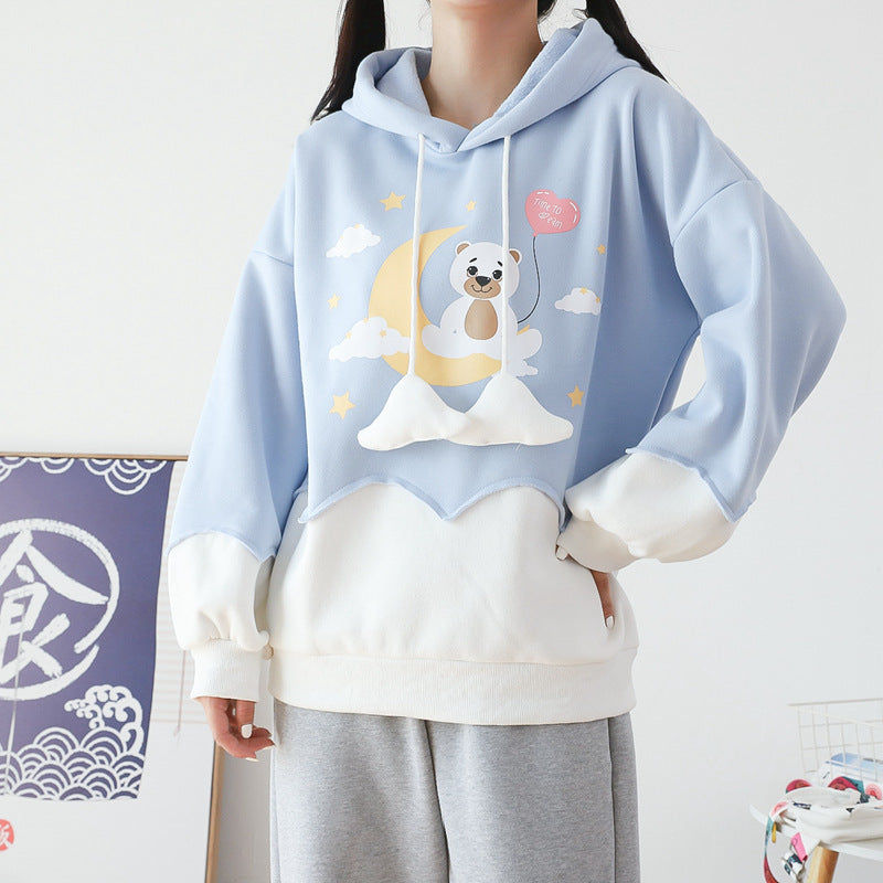 Cartoon Love Bear Print Hit Color Hoodie