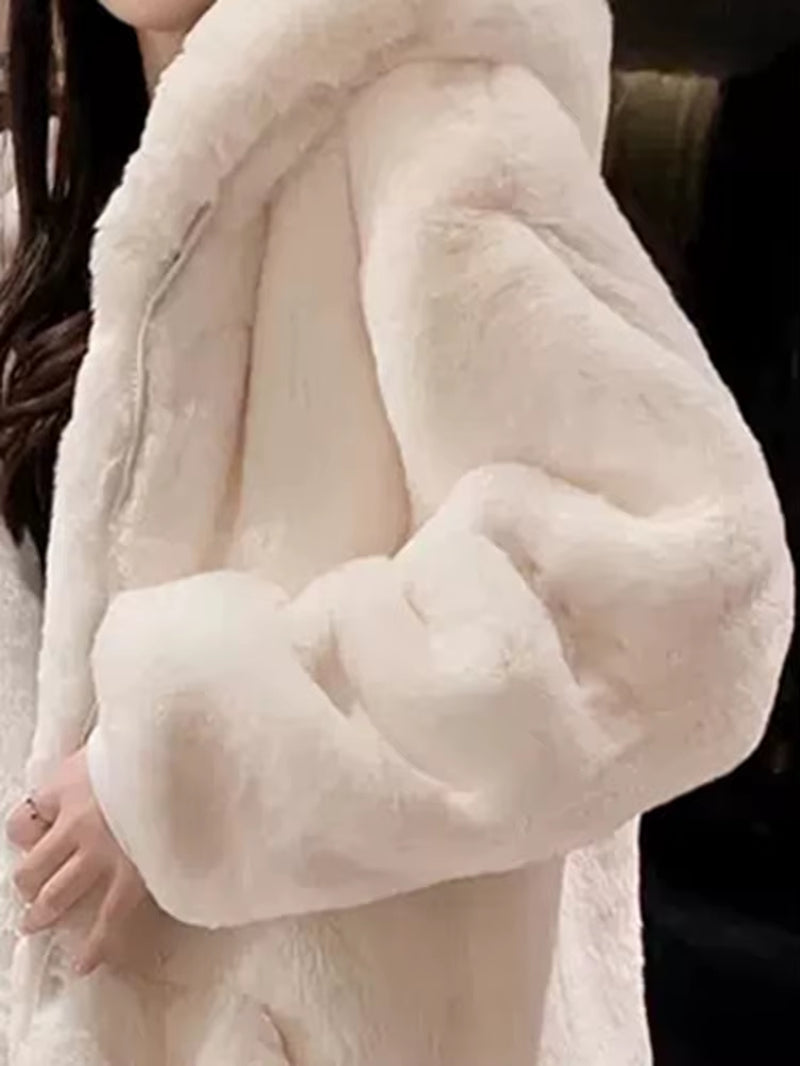 -Oversized Faux Fur Jacket for Women, Fluffy, Warm, Soft, White, Long Sleeve, Black, Zip Up, Korean Hoodie, Winter