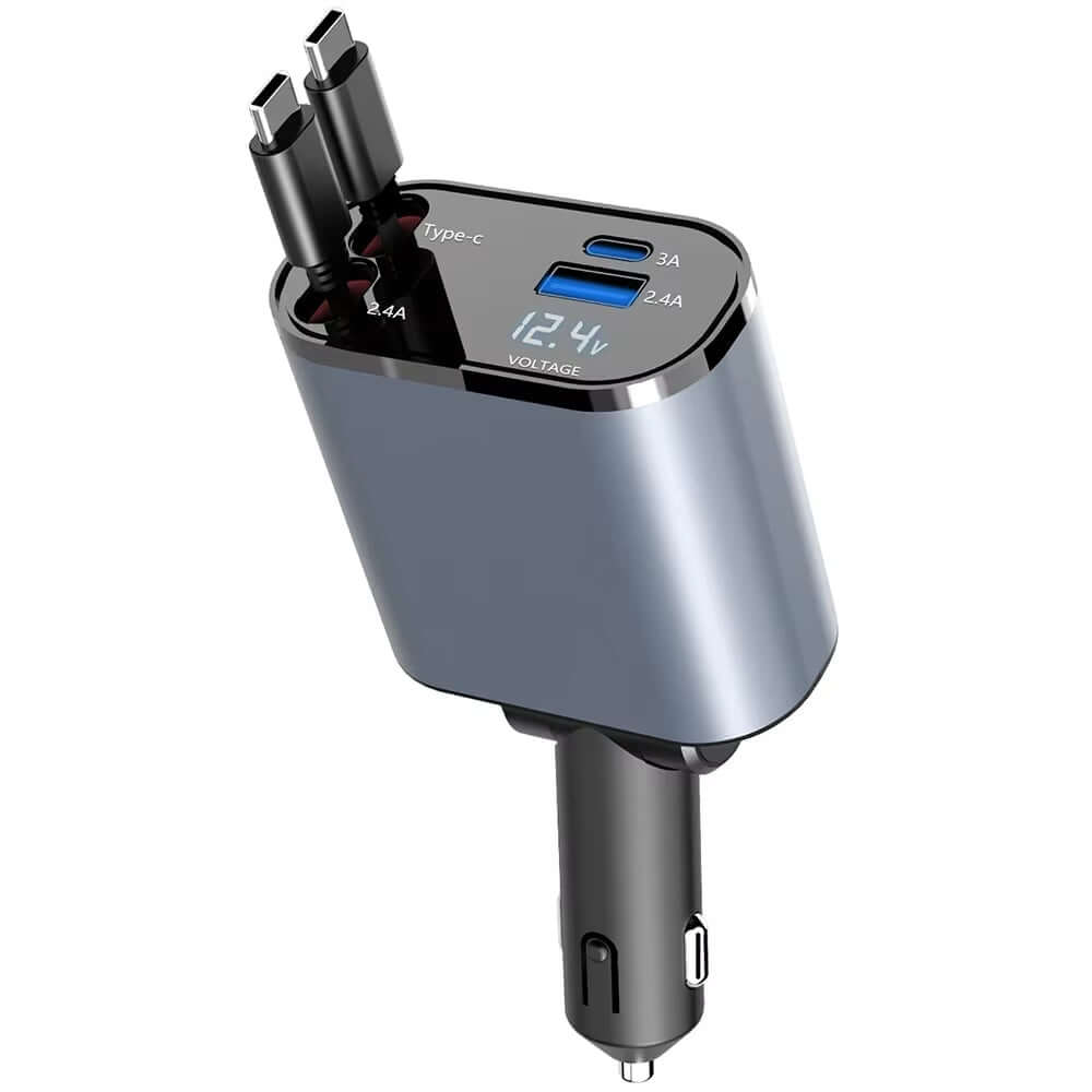 120W 4-in-1 retractable fast car charger with USB-C and voltage display for quick charging on the go.