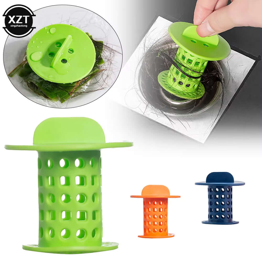 Versatile bathroom drain hair catcher in green, orange, and blue, effectively preventing clogs and hair buildup.