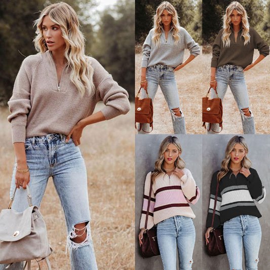 Women's Fashion Striped Colorblock Sweater Long Sleeve Zip