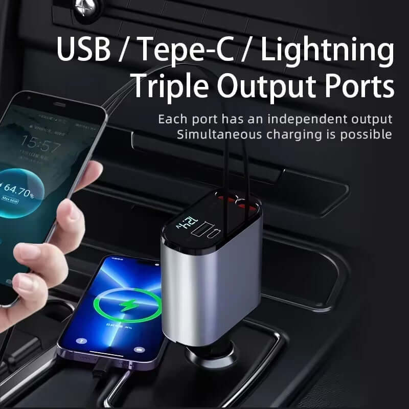 120W retractable car charger with USB, Type-C, Lightning ports for simultaneous fast charging display.