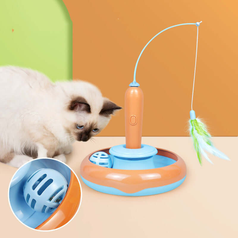 Interactive 2-in-1 cat toy featuring a feather turntable, with a playful cat engaged in play.