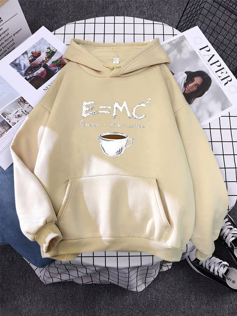 Hoodies E=Mc Coffee Personality Print Hoody for Women Harajuku Aesthetic Hoodie Warm Womens Fleece Oversized Sweatshirt Female