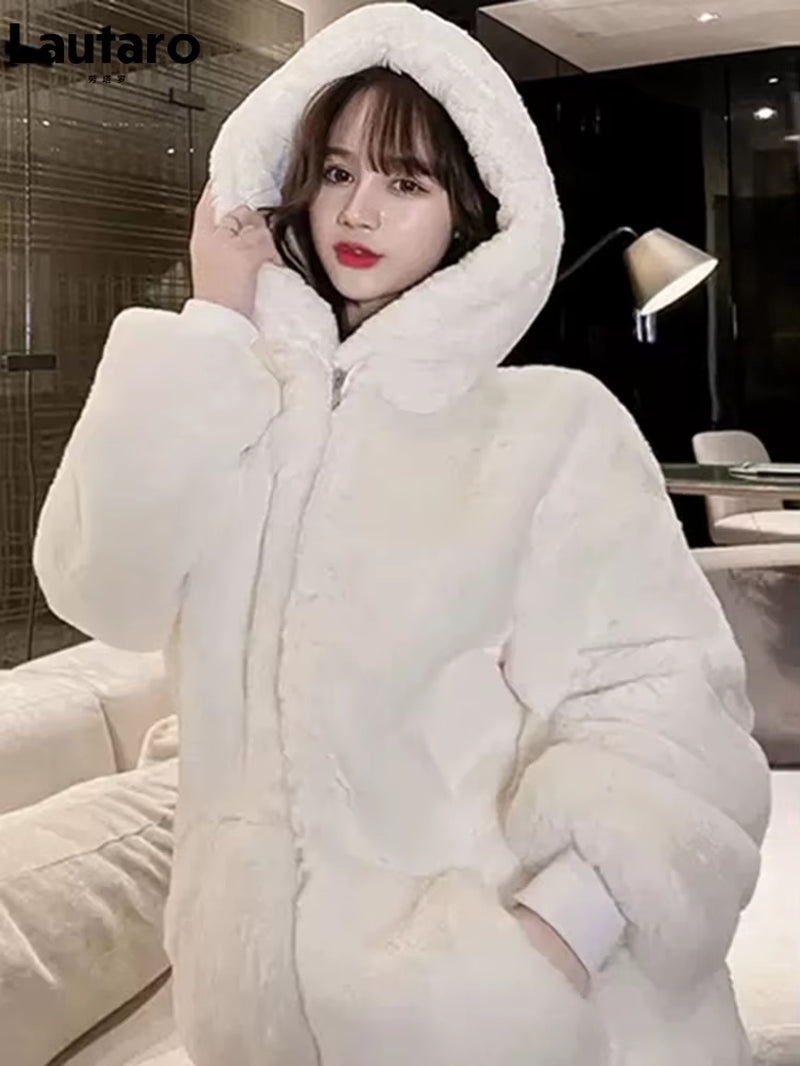 -Oversized Faux Fur Jacket for Women, Fluffy, Warm, Soft, White, Long Sleeve, Black, Zip Up, Korean Hoodie, Winter