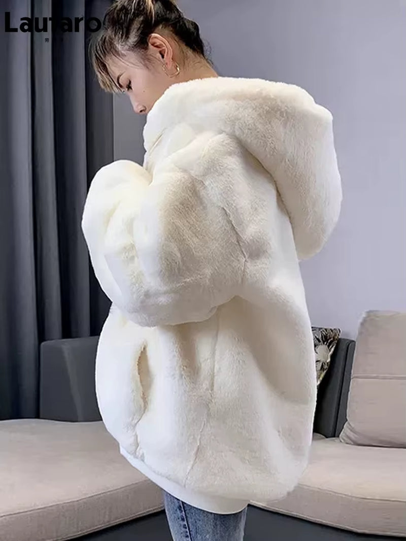 -Oversized Faux Fur Jacket for Women, Fluffy, Warm, Soft, White, Long Sleeve, Black, Zip Up, Korean Hoodie, Winter