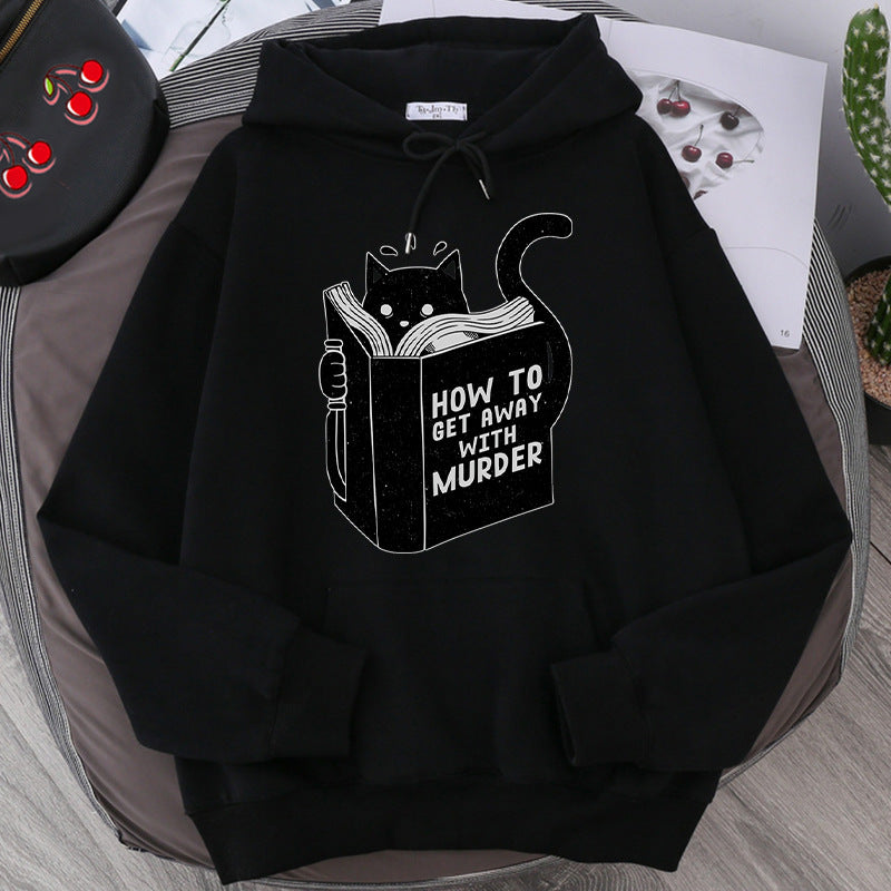 Men's And Women's Hooded Sweater Cartoon Anime Cute Cat Reading Print Sweatshirt